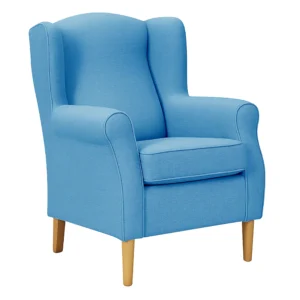 Butaca fija orejera tapizada en tela antimanchas, con patas de madera (78×78×103 cm)